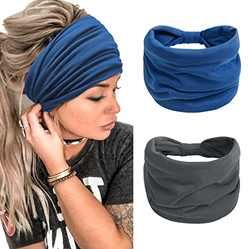Haarband Damen Extra Breit Stirnband Boho Haarbänder Yoga Knot Stirnbänder Sport Elastische Haarschmuck (Blau + Dunkelgrau