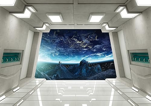 Wesmilewallpapaer Tapete Fototapete 3D Effekt Planet Raumschiff Korridor Sci Fi 350x245cm Seide Vliestapete Wandbilder Wanddeko Wohnzimmer Schlafzimmer