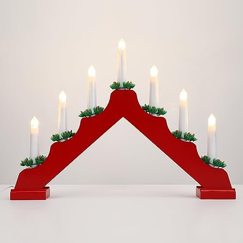 Lewondr Kerzenleuchter Weihnachten, Dekorativ LED Bogen Weihnachten Holz Weihnachtslichter Fensterbank mit 7 Kerzenlichtern Flammenlos Kerzenbrücke Schwibbogen für Advent Innen, USB-Betrieben,Warm Rot