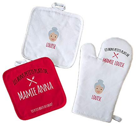 CADEAUX.COM - Gants de Cuisine + Set de 2 Maniques Personnalisable Les Bons Petits Plats de...- Family Circus - Cadeau Personnalisable avec 2 Prénoms - Idée Cadeau Mamie, Fete des Grands-Meres