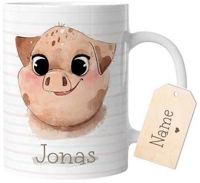 timalo® Tasse Tiere mit Namen personalisiert | Motiv Schwein Kindertasse mit Wunschname für Kinder Geschenk zur Einschulung, Weihnachten, Nikolaus | mug-t-47