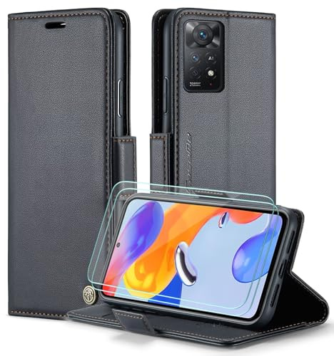 FERLAN Handyhülle für Xiaomi Redmi Note 11 Pro 4G/11 Pro 5G Hülle [Mit 2 Stück Panzer Schutz Glas] [Premium PU Leder] [RFID-Blockierung] [Kartenfach] Klapphülle für Xiaomi Redmi Note 11 Pro- Schwarz
