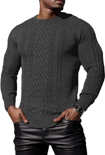 Hisir Men's Winter Thick Cable Knit Jumpers Casual Crew Neck Warm Long Sleeve Pullover Sweater Tops for Men (Dark Grey, XL)