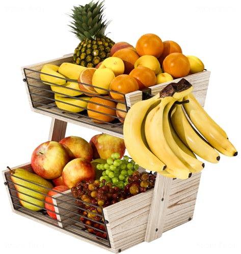 NiHome 2-Tier Wooden Fruit Basket for Kitchen, Fruit Bowl, Fruit Stand Holder for Kitchen Countertop,Bread Fruit Vegetable (Brown)
