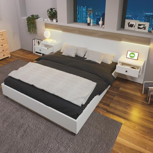 Tcewhhy Holzbett Mit Kopfteil Aus Bettgestell &Lattenrost Doppelbett King Size Schwebebett Jugendbett Für Erwachsene Jugendliche Gästebett für Schlafzimmer Weiß 160x200 Mit 2 LED Nachtkommoden