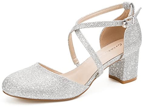 Greatonu Womens Court Shoes Mid Heel Chunky Dress Sandals Ladies Ankle Strap Wedding Party Pumps Sliver Glitter Size 8