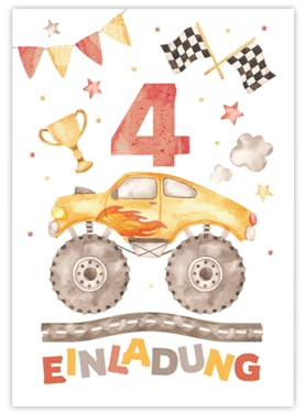 12 Einladungskarten zum 4. Kindergeburtstag Jungen Monster-Truck Auto Einladungen zum vierten Geburtstag Kinder bunte Geburtstagseinladungen