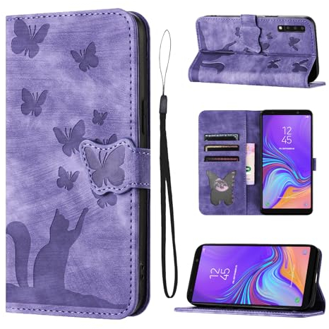 LSPCASA Klappschutzhülle Für Samsung Galaxy A7 (2018) 6.0 Zoll Standfunktion Samsung A7 Hülle Mit Kartenfächern Handyhülle Samsung Galaxy A7 Katzen Schmetterlingsmuster Lederhülle Lila