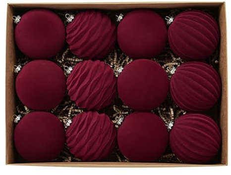 Velvet Christmas Ornaments - 12 Pcs 3.1 Inch Large Shatterproof Baubles - Xmas Ball Ornament for Christmas Tree Hanging - Winter Decorations - Indoor Party Home Decor (12, Color 2 - Red)