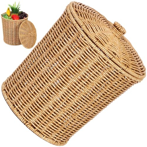 AMOYER Cesta de Mimbre Redonda con Tapa Cesta de Almacenamiento de ratán Bote de Basura Tejido Cesta de lavandería con contenedor de Basura para Dormitorio, Sala de Estar, Oficina