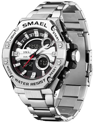 Herrenuhr Silber Edelstahl Digital Uhr Chronograph Herren Armbanduhr Seniorenuhr 5 ATM Wasserdicht Großes Ziffernblatt Militär Leuchtende Klassisch Elegant Elektronisch Analog Quarz Watches for Men