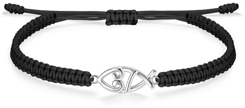 J.Endéar Christliches Fischarmband Silber 925 für Damen, Handgemachtes Geflochtenes Stoffarmband Schwarz für Mädchen, Kommunion-Tauf-Geschenk