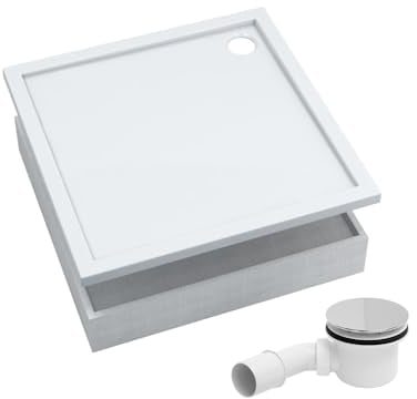 AQUABAD Duschwanne/Duschtasse | Komplettset Basic Smooth White 80x80cm Quadrat | inkl. Styroporträger und Marken-Siphon 90mm mit Chromdeckel | (Gesamthöhe inkl. Träger 16 cm) zum Befliesen