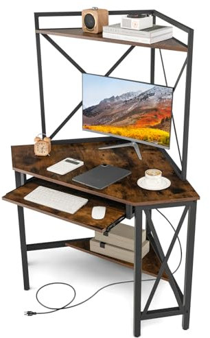 COSTWAY Escritorio para Computadora con Estantes, Escritorio de Esquina Que Ahorra Espacio con Bandeja para Teclado, Mesa Triangular para Oficina con Marco de Metal para Hogar Oficina(Marrón + Negro)