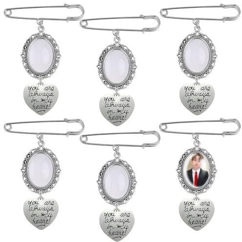 FUIPVGI 6 Stücke Memorial Anhänger Brautstrauß Brosche, Personalisierte Pin Brosche, Hochzeitsstrauß Pin, Vintage Broschen Oval, Bouquet Pin Anhänger, für Hochzeit Boutonniere DIY Zubehör (Silber)