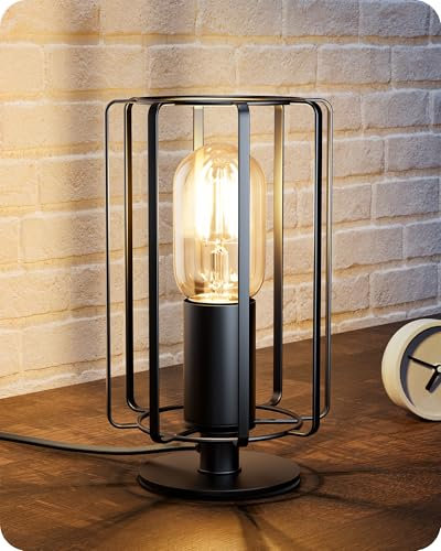 EDISHINE Nachttischlampe, Moderne Tischlampe Industrial mit E27 Leuchtmittel, Vintage Tischleuchte, für Schlafzimmer, Wohnzimmer, Schwarz