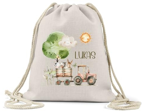 wolga-kreativ personalisierter Turnbeutel Bio BW Kindergarten Bauernhof Traktor Tiere Stoffbeutel Kindertasche Sportbeutel Schuhbeutel Wäschebeutel Stoffsäckchen Jutebeutel Kinder mit Namen