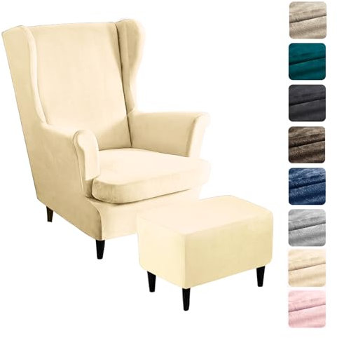 Alishomtll 3 Teilig Ohrensessel Überzug Mit Ottomane Schonbezug Stretch Samt Sessel-Überwürfe Elastisch Einfarbig Sesselhusse Strandmon Tiger Stuhlbezug mit Armlehne Hohe Rückenlehne (Beige)