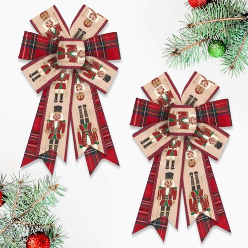 Blinket 2pcs Christmas Nutcracker Bows for Wreath, 8.46 inch × 12.99 inch Red Buffalo Plaid Bow with Nutcracker Design, Wired Craft Bow for Holiday Tree Topper, Front Door, Indoor Decor