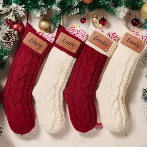 HOBULL Weihnachtsstrumpf Personalisiert Nikolausstrumpf mit Namen, 4 Stück 46cm Großer Gestrickt Weihnachtssocken Kamin zum Aufhängen für Familie, Kinder, Weihnachtsdekoration