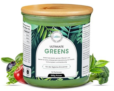 LEBBIO Ultimate Greens Smoothiepulver 250g | KEINE FÜLLSTOFFE wie Erbsenprotein | Über 40 Superfoods wie Weizengras, Ashwagandha, Gerstengras | für eine umfassende Unterstützung von Vitalität, Immunsy