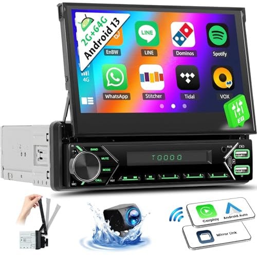 OiLiehu 2+64G Android 13 Autoradio 1 Din avec CarPlay Android Auto sans Fil, 7“ Rétractable Manuellement Écran Tactile avec GPS WiFi Lien Miroir Bluetooth FM/RDS EQ USB AUX TF SWC + Caméra de recul