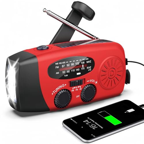 Radio solare portatile con meteo AM/FM/NOAA, generatore a manovella, 2000 mAh, caricatore USB per telefoni cellulari, torcia a LED, per emergenze, campeggio, pesca (rosso)