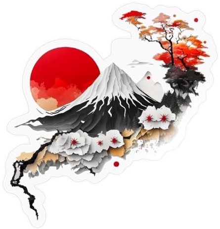 Spreadshirt Japan Natur Kirschblüten Bonsai Berge Sticker, max. 10 x 10 cm, 10 x 10 cm, Transparent glänzend