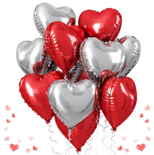 Palloncini a forma di cuore rosso e argento, 45,7 cm, rosso e argento, a forma di cuore, romantici, decorazioni per feste, per ragazze, donne, compleanni, San Valentino, matrimoni, baby shower