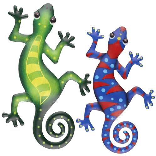 Weysoo 2 Pack Metal Gecko Wall Art Decor, Colorful Gecko Garden Ornaments Outdoor, Garden Fence Decorations, Wall Hanging Decoration for Backyard Porch Home Patio