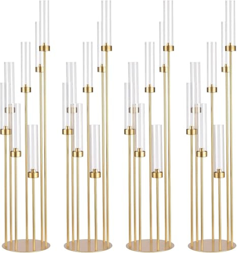 MYOYAY 4 Sets Gold 7 Arm Floor Candelabra 46.5'' Tall Floor Candle Holders Metal Candle Holders with Acrylic Lampshade Candlestick Centerpiece for Electronic Candle Wedding Home Party Decoration