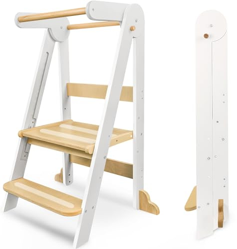 Foldable Toddler Learning Tower, Wooden Kitchen Step Stool Standing Towers | Toddler Kitchen Helper with Safety Rails&Non-Slip Design, 3 Adjustable Heights for Kitchen Counter Bathroom