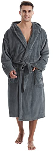 Yoimira Mens Robes Dressing Gown Hooded for Home, Long Men's Luxury Bathrobe Warm Winter Robes for Gift