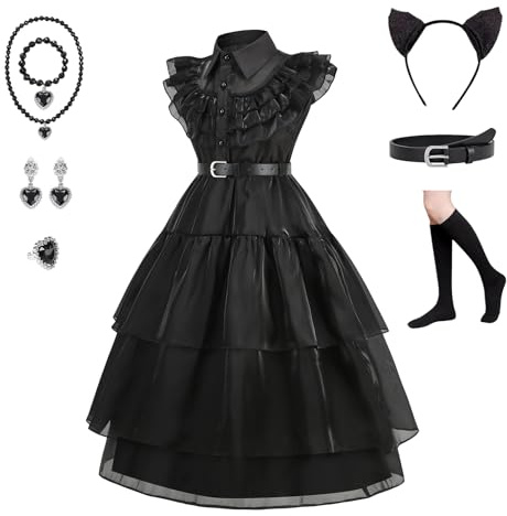 EARJIA Déguisement Halloween Pour Filles Robe Gothique Family Fantaisie Noire Pour Fille Carnaval Anniversaire Cosplay Avec Accessoires