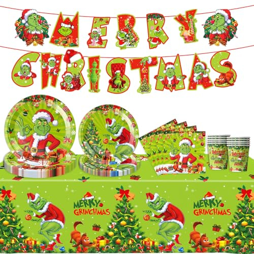 Vaisselle de fête de Noël - Accessoires de fête - Assiettes en carton de Noël réutilisables - Avec nappe, assiettes, gobelets, serviettes pour anniversaire - Vert
