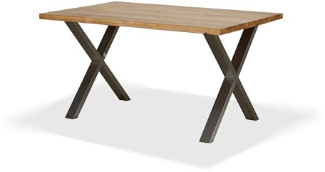 KHG Esszimmertisch Massivholz Eiche geölt mit X-Gestell Edelstahl - 145 x 90 cm - für 4-6 Personen - moderner Esstisch mit stabilem Metallgestell, Küchentisch bis 100 kg belastbar