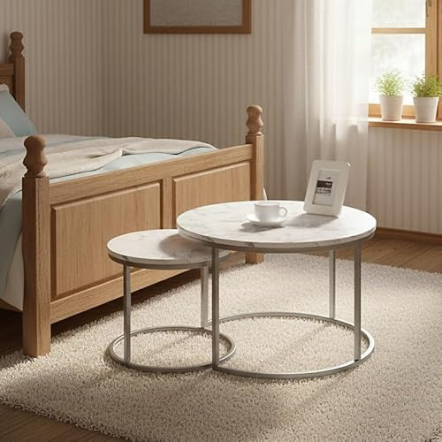 Agritrade AK PAOLA Set of 2 Contemporary Round Coffee Tables White Marble Silver