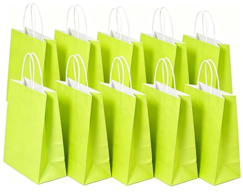 SHUBEIEUMI 10 Sacs Cadeaux en Kraft Avec Poignées,Vert Clair | 21x15x8 cm Petite Taille Sacs en Papier pour Anniversaires, Mariages