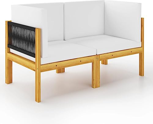 Holamys 2-Sitzer-Gartenbank mit Kissen, Akazienholz & Seil, geflochtene Rückenlehne, Cremeweiß, für Terrasse, Balkon, Outdoor-Möbel