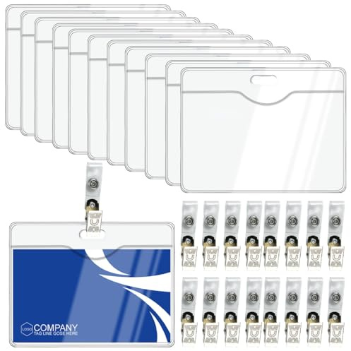 ASOUUNLD 50 Stück Ausweishülle mit Clip Transparente Kartenhalter Wasserdichte PVC Kartenhüllen Horizontal mit 50 Metall-Clips Namensschilder für Büro Ausweis ID-Karte Mitgliedskarte(9,7 x 7,5 cm)