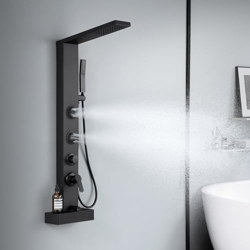 KINKIBOS Duschpaneel mit Armatur & Ablage Mattschwarz, 2 Modi Massagedüsen | Duschsäule: Regendusche, Massagedüsen, Handbrause und Wanneneinlauf, Edelstahl