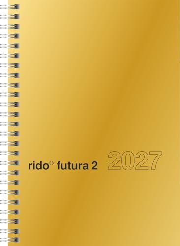 rido/idé Buchkalender Mod. futura 2 2027 | A5, Karton, gold: 2 Seiten = 1 Woche, halbstündliche Einteilung von 7-20 Uhr, nicht Sa. und So.