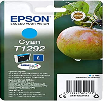 Epson T1292 Pomme Cyan, Cartouche d'encre d'origine, WF-3010DW WF-3520DWF WF-3530DTWF WF-3540DTWF WF-7015 WF-7515 WF-7525 BX305F BX310FN BX320FW BX525WD BX535WD BX625FWD BX635FWD BX925FWD BX935FWD