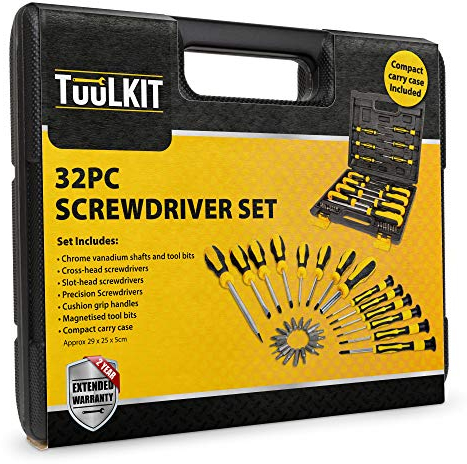 TuulKIT 32 Pieces Screwdriver Set with Compact Carry Case, Flat-Head, Cross-Head, Slot-Head and Precision Screwdrivers, Cushion Grip Handles, Magnetised Hex, Torx, Ph, Pz Bits