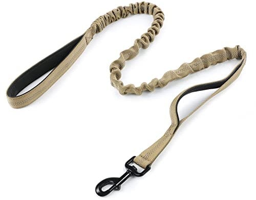 Rabbitgoo Bungee Dog Lead for Medium and Large Dogs, Anti Pull Tactical Leash with 2 Padded Traffic Control Handles for Training and Walking, Quick Lock and Release, Brown, 95-125cm