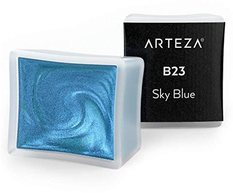 ARTEZA Acuarelas metalizadas, juego de 2 medias pastillas, color A716 Sky Blue (Azul Celeste), acuarelas perladas de tonos vibrantes para pintura, ilustraciones y caligrafía