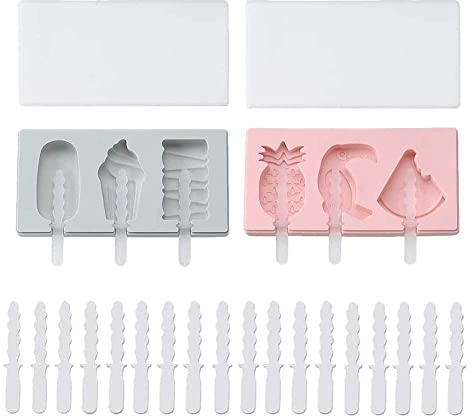 Silicone Ice Cream Moulds with Covers, DIY Ice Lolly Moulds,BPA Free Popsicle Maker with Cute Patterns for Kids（2 x Moulds + 28 x Sticks）