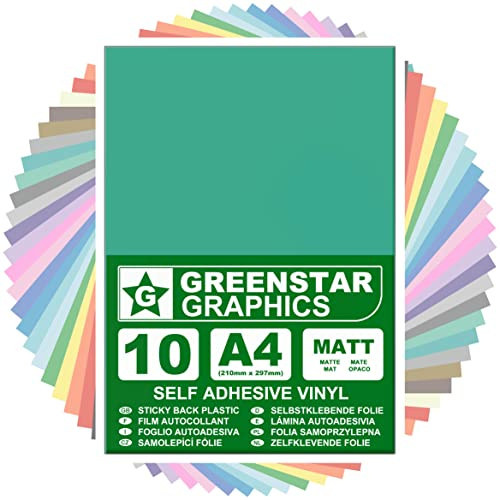 GREENSTAR GRAPHICS MATT A4 STICKY BACK PLASTIC SELF ADHESIVE ART & CRAFT VINYL (10 SHEET PACK). Compatible With 12” Cricut, Silhouette Cameo/Curio/Portrait, Scan N Cut (TURQUOISE MATT 10 A4)