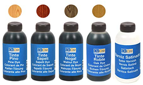 Occre Pack tintes/barniz Ref: 90501 Pack de tintes y barniz satinado al agua. Contenido: * Tinte color Pino * Tinte color Sapelly * Tinte color Nogal * Tinte color Roble * Barniz satinado 100ML