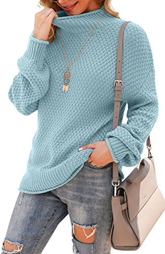YUNDAI Womens Jumpers Turtleneck Batwing Long Sleeve Loose Oversized Sweater Knitted Pullover Solid Color Chunky Tops for Winter, X-Large Aqua Blue